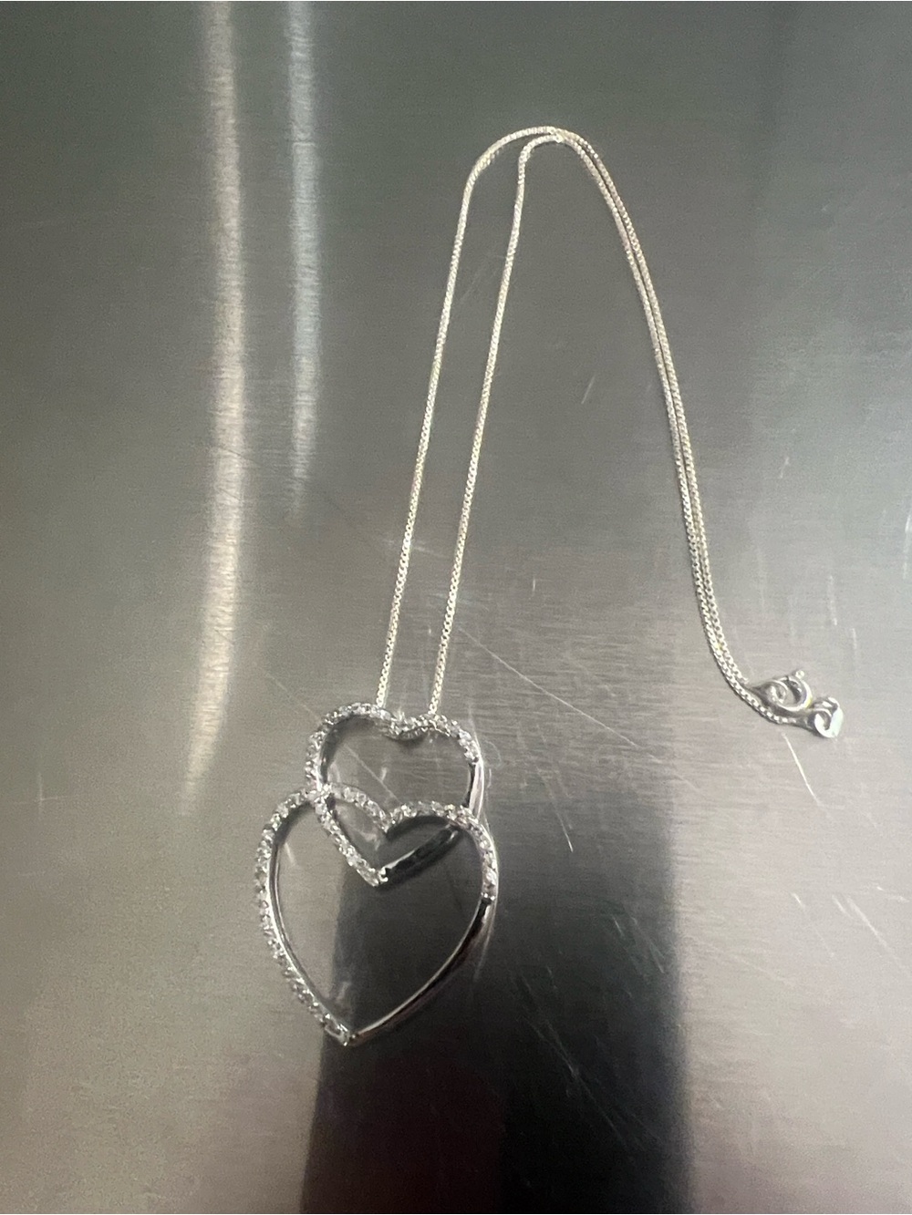 Double Heart Sterling Silver Necklace with CZ’s. Elegant Pendant on Sterling 15”